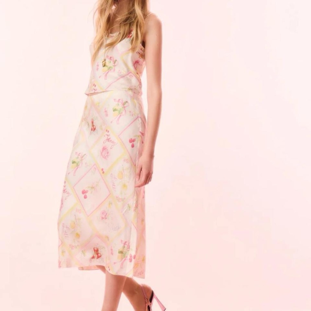 LoveShackFancy Castle Silk-Blend Fruit Print Midi Skirt